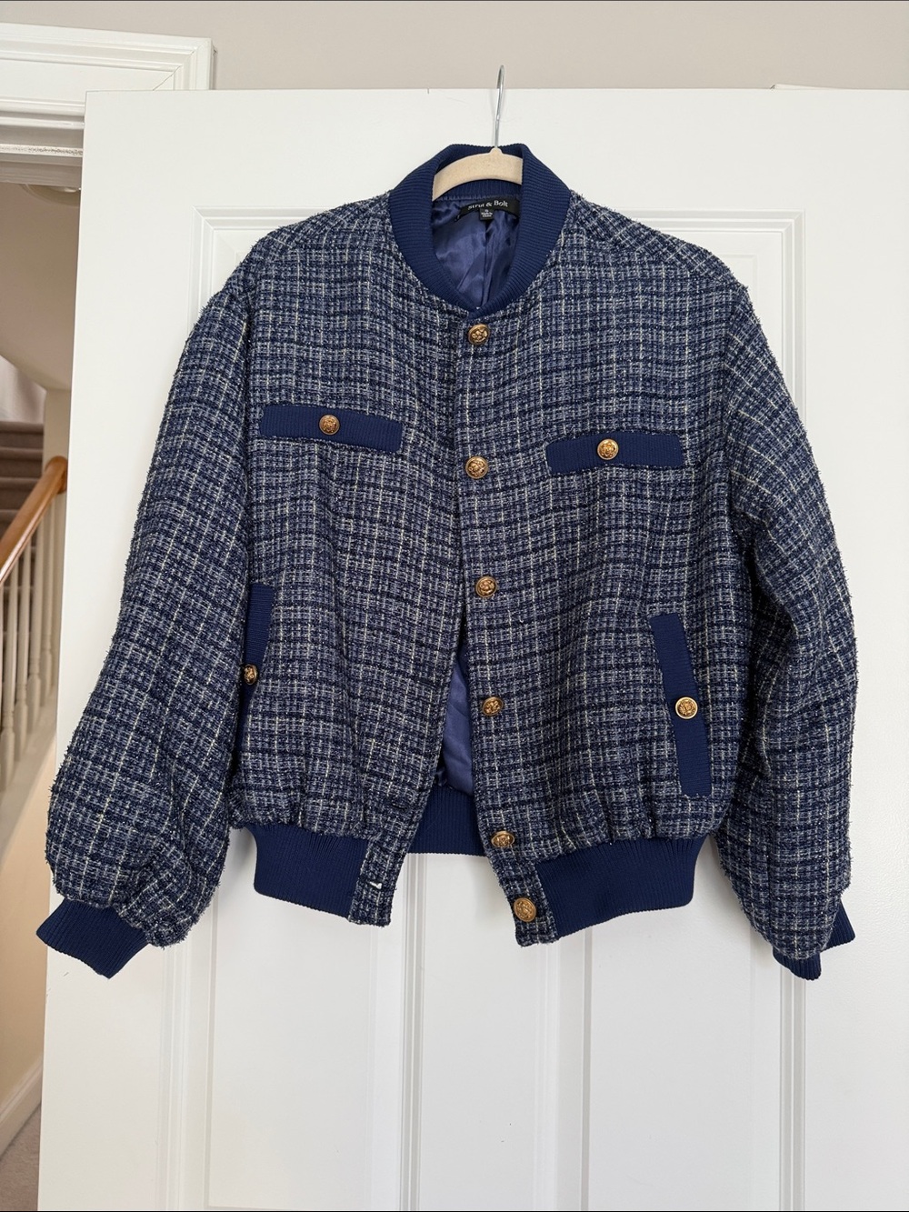 Navy Tweed Bomber Jacket
